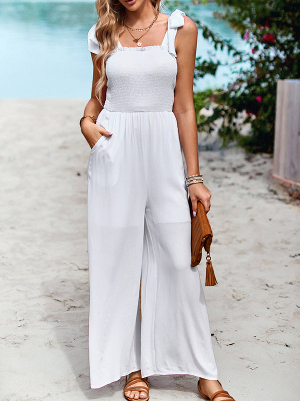 Combinaison Pantalon Large Taille Haute Bretelles Chic Blanc