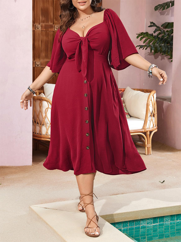 Robe grande taille à nœud col V élégante et tendance