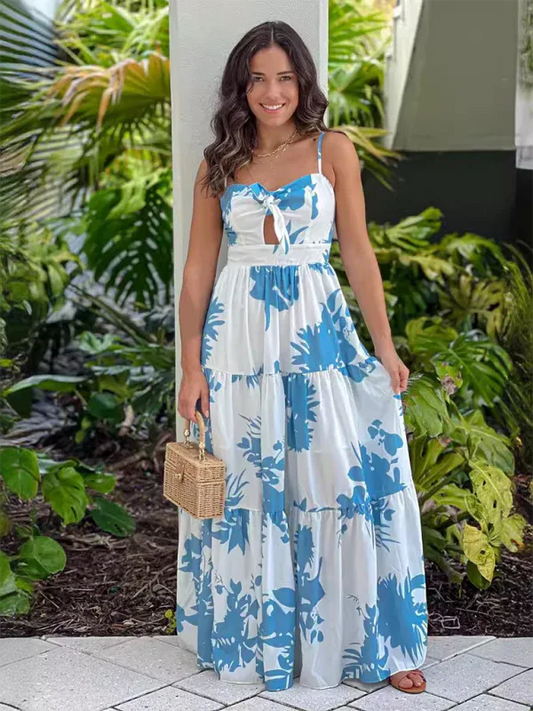 Robe Maxi Bretelles Imprimée Dentelle Ajourée Style Été Bleue - Oléna-Fashion