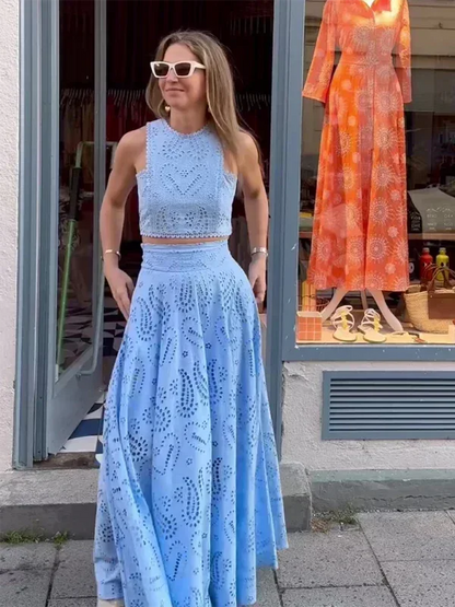 Ensemble Deux Pièces Femme Ample Haut Sans Manches Jupe Longue - Oléna-Fashion