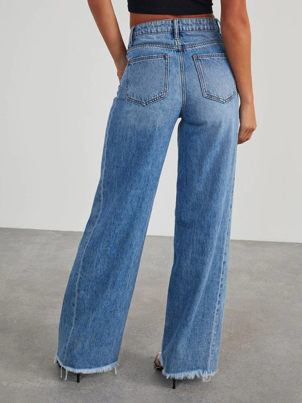 Jean Femme Jambes Larges Ourlet Effiloché Denim Bleu