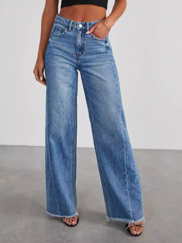 Jean Femme Jambes Larges Ourlet Effiloché Denim Bleu Denim Blue