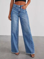 Jean Femme Jambes Larges Ourlet Effiloché Denim Bleu Denim Blue