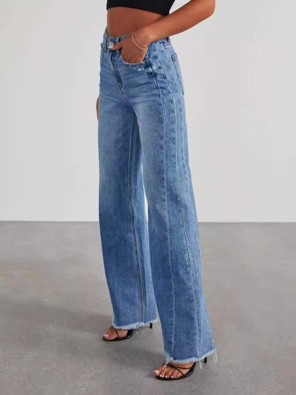 Jean Femme Jambes Larges Ourlet Effiloché Denim Bleu