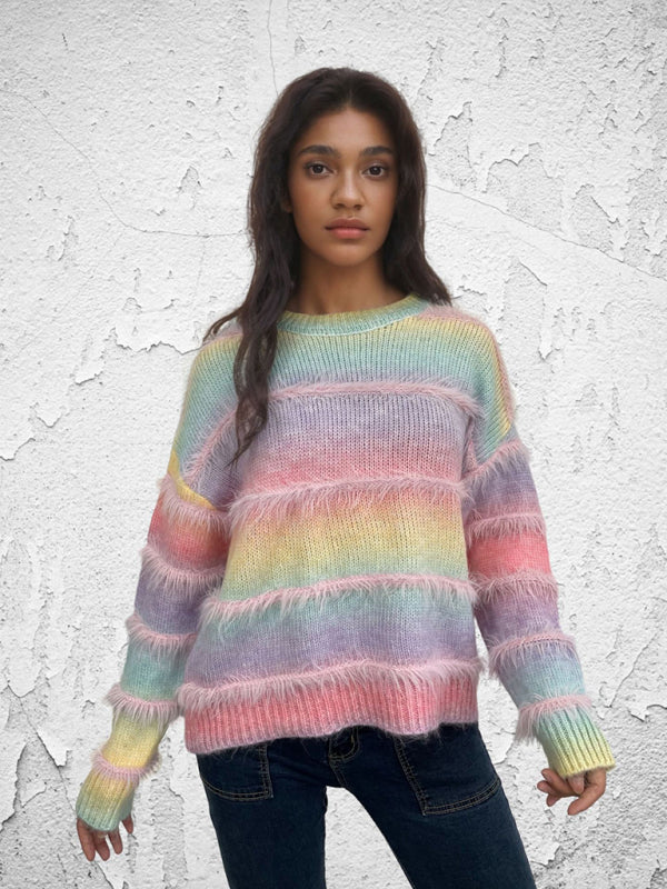 Pull Mohair Arc-en-ciel Dégradé Rayures Vintage Femme