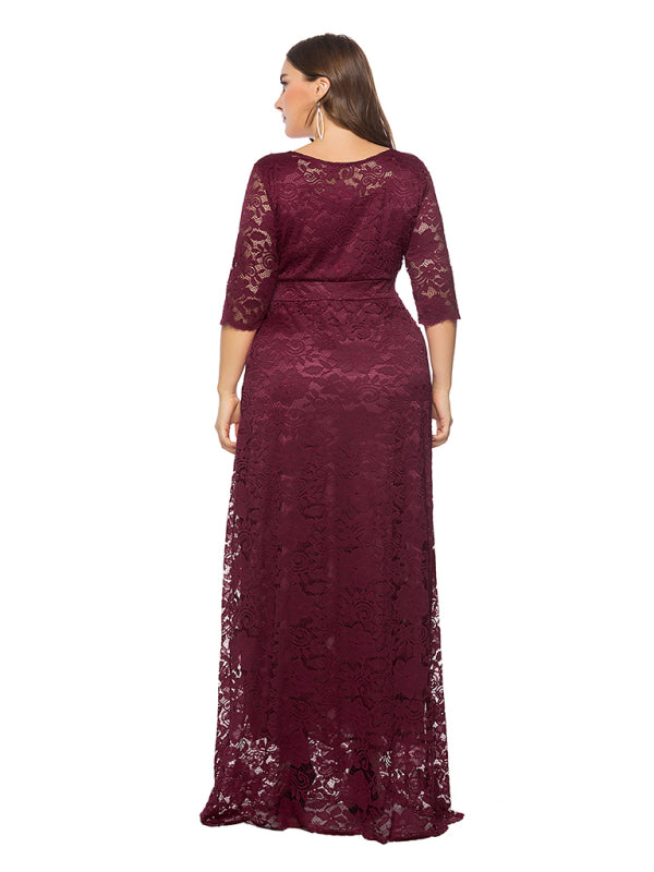 Plus size women's new elegant lace dress Dark Red
