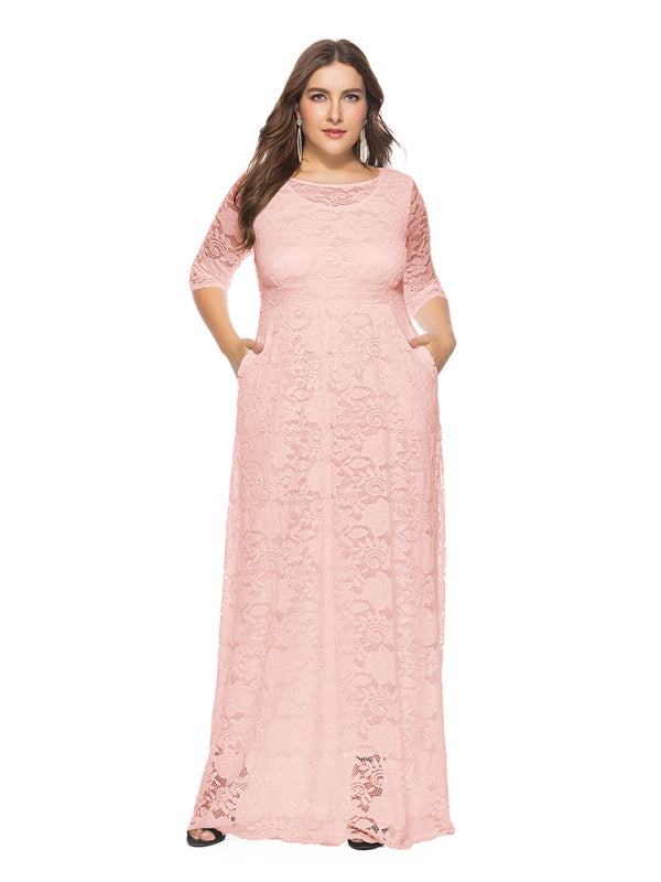 Plus size women's new elegant lace dress Pink