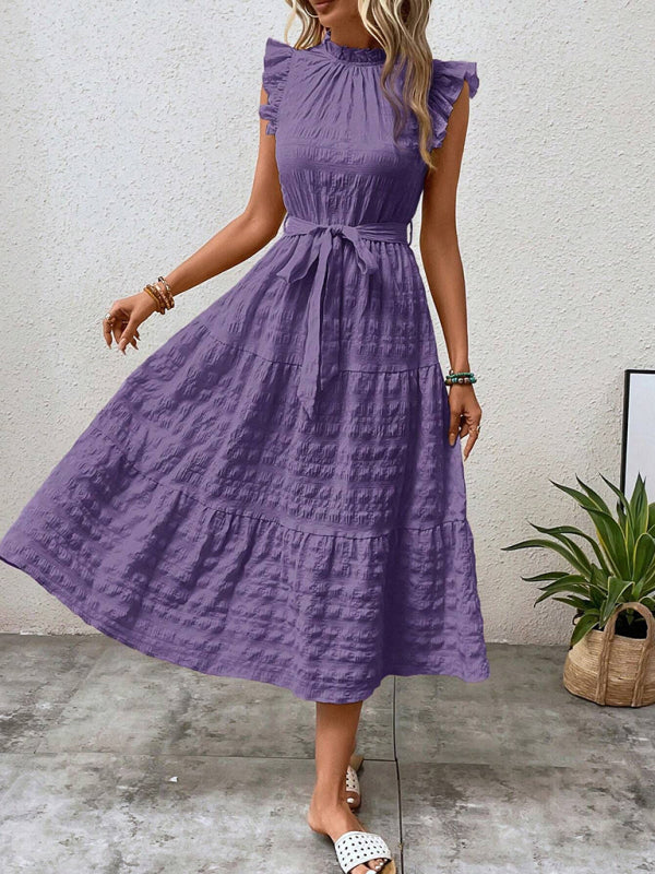 Robe tendance à volants manches papillon nouée élégante violet
