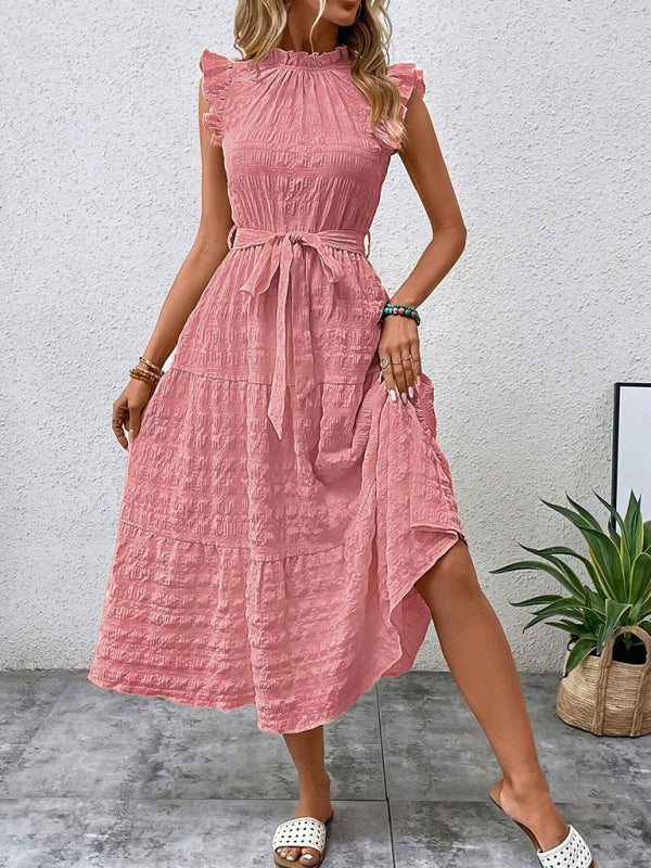 Robe tendance à volants manches papillon nouée élégante Rose