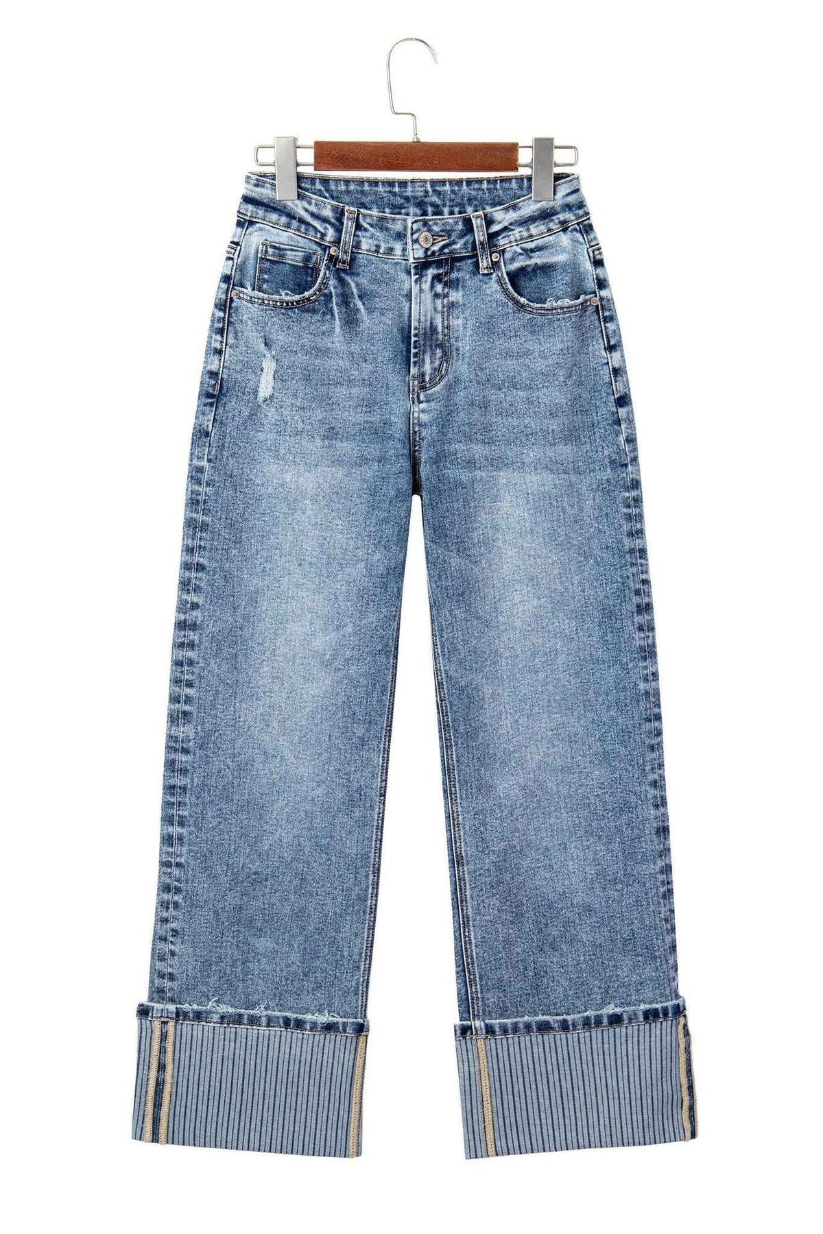 Jean en denim bleu clair ample à revers en maille côtelée