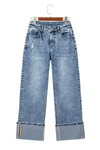 Jean en denim bleu clair ample à revers en maille côtelée
