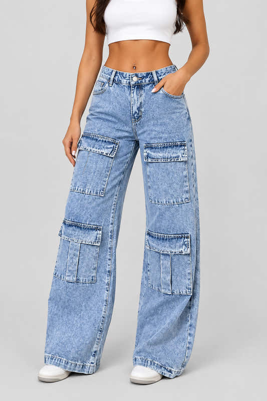 Jean cargo femme taille haute à jambes larges, poches plaquées – vue 1