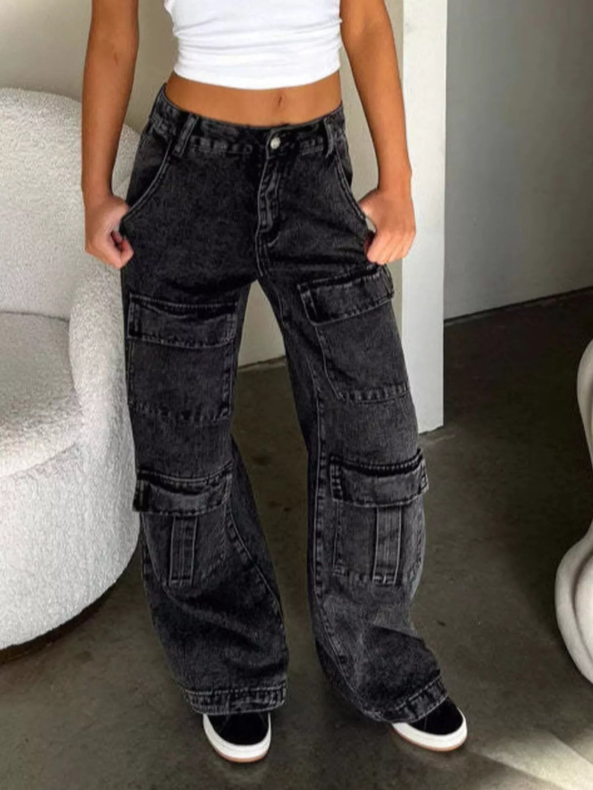 Jean cargo femme taille haute à jambes larges, poches plaquées – vue 12