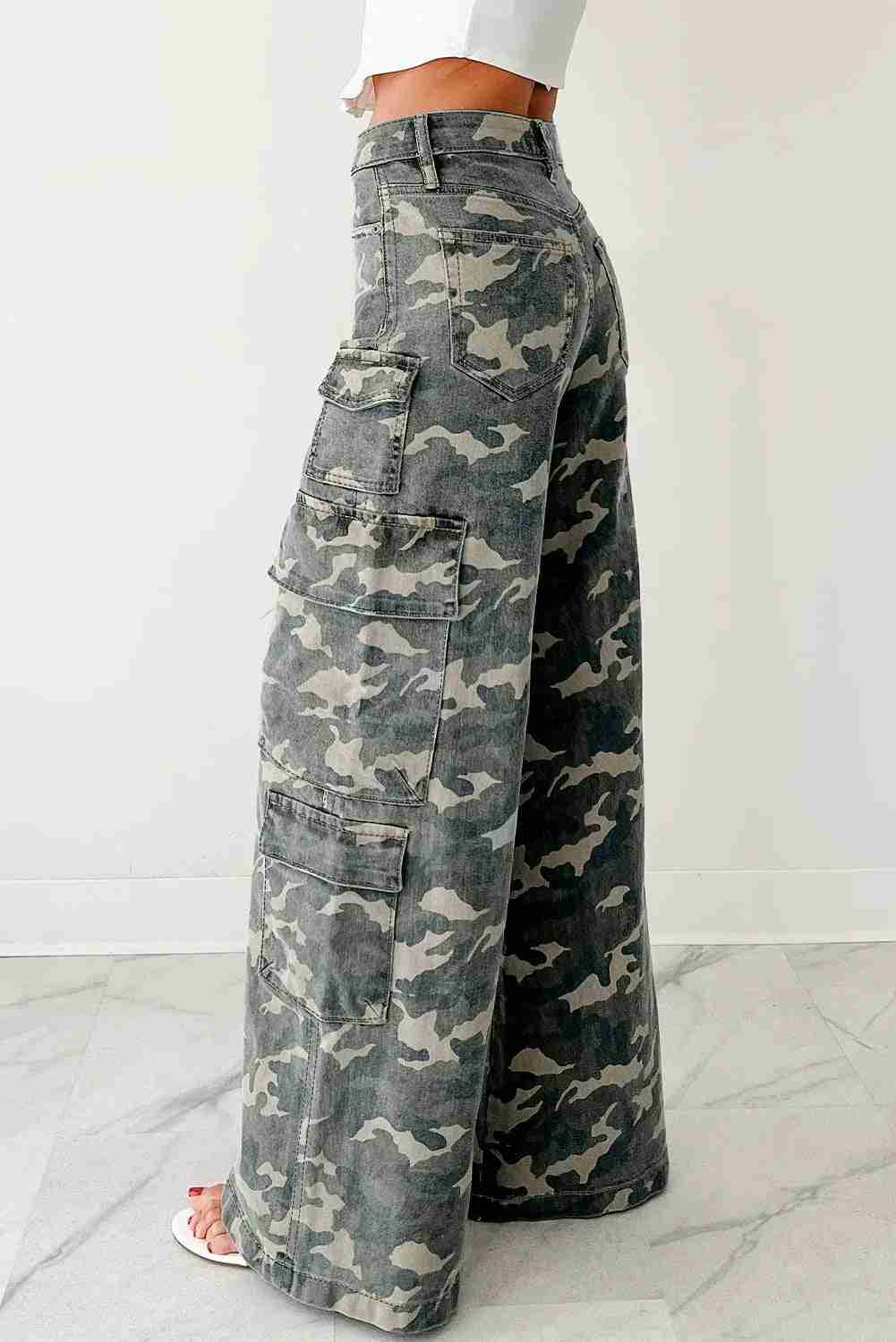 Jean Cargo Large Vert Camouflage Multi-Poches Wide Leg Femme by Shewin