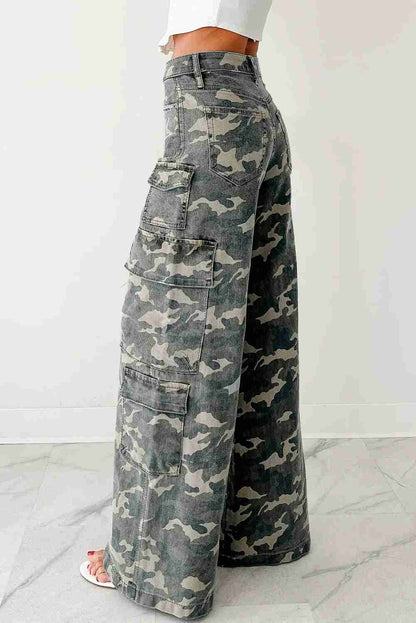Jean Cargo Large Vert Camouflage Multi-Poches Wide Leg Femme by Shewin