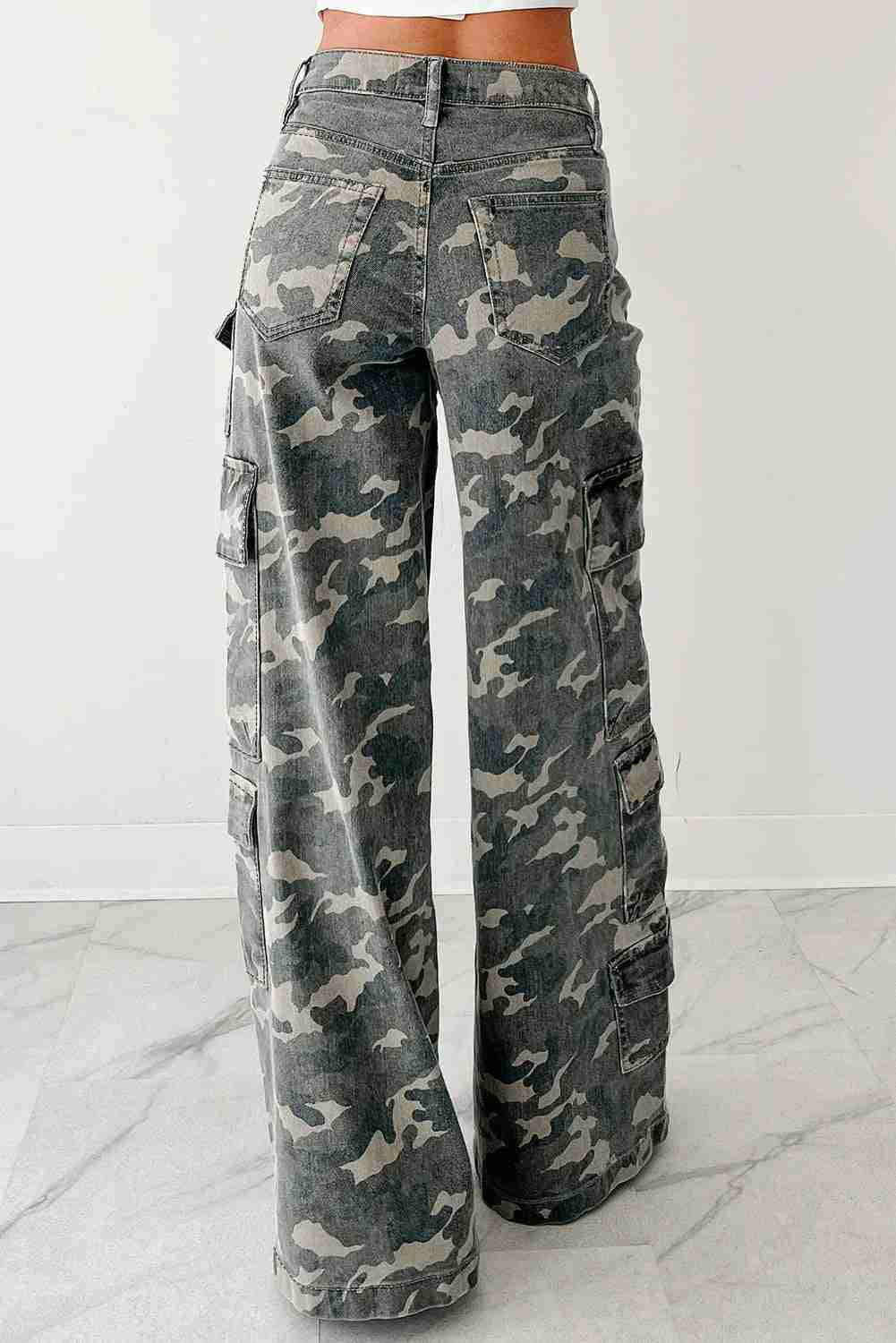 Jean Cargo Large Vert Camouflage Multi-Poches Wide Leg Femme by Shewin