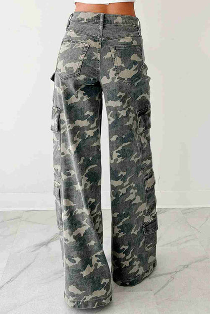 Jean Cargo Large Vert Camouflage Multi-Poches Wide Leg Femme by Shewin
