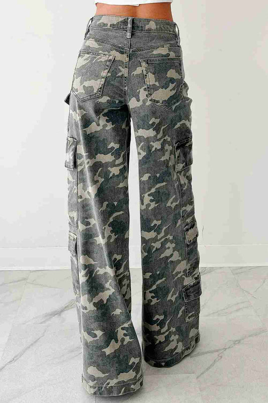 Jean Cargo Large Vert Camouflage Multi-Poches Wide Leg Femme Oléna-Fashion