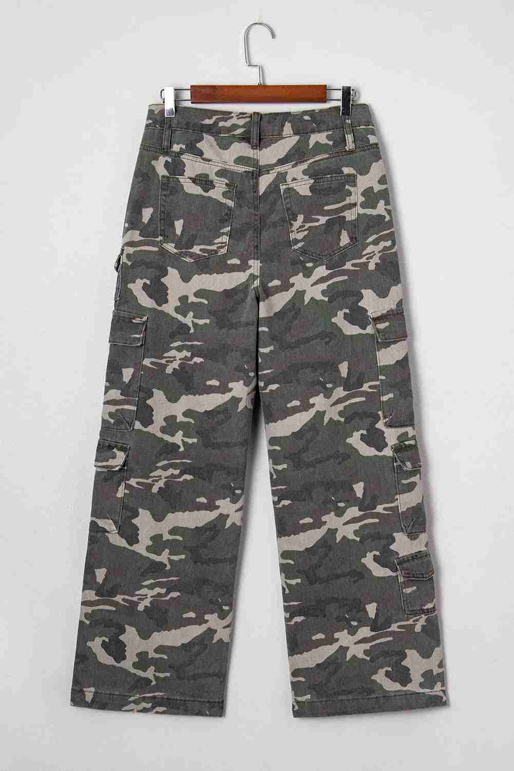 Jean Cargo Large Vert Camouflage Multi-Poches Wide Leg Femme by Shewin