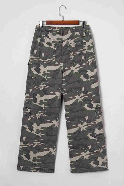 Jean Cargo Large Vert Camouflage Multi-Poches Wide Leg Femme by Shewin