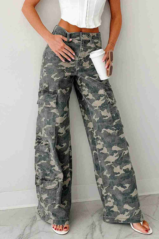 Jean Cargo Large Vert Camouflage Multi-Poches Wide Leg Femme Oléna-Fashion