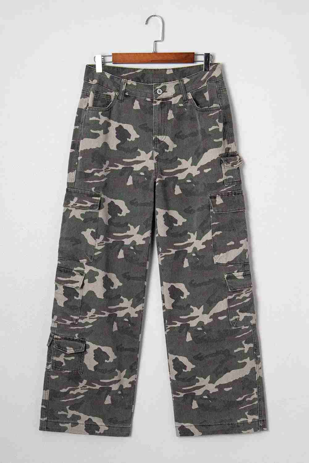 Jean Cargo Large Vert Camouflage Multi-Poches Wide Leg Femme by Shewin