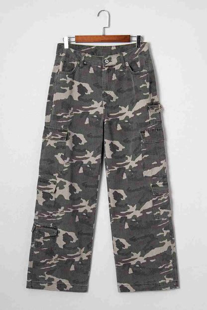 Jean Cargo Large Vert Camouflage Multi-Poches Wide Leg Femme by Shewin