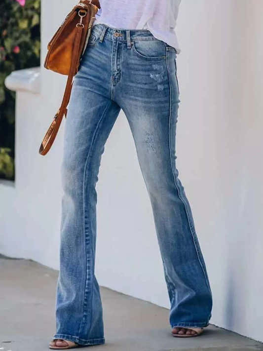 Jean évasé femme à taille haute, denim délavé – vue 2