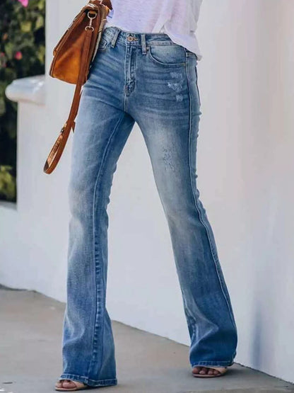 Jean évasé femme à taille haute, denim délavé – vue 2