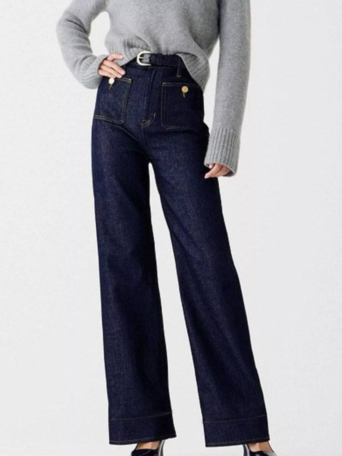 Jean femme taille haute avec poches, zip et boutons – vue 1
