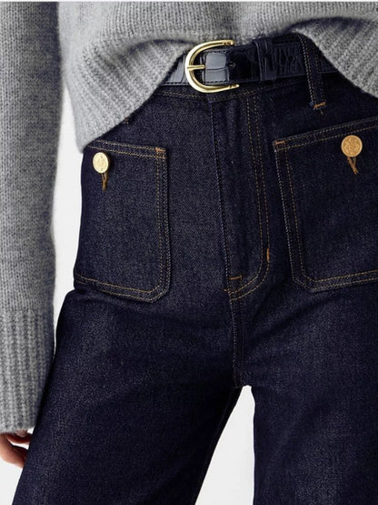 Jean femme taille haute avec poches, zip et boutons – vue 3