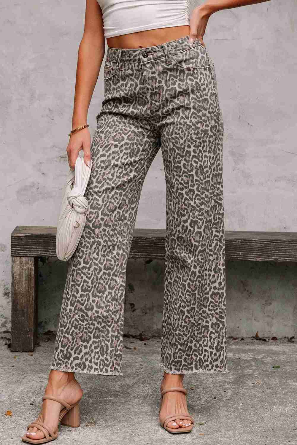 Jean taille haute femme motif léopard marron, jambes larges, ourlet effiloché