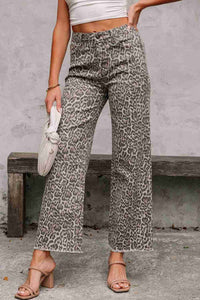 Jean taille haute femme motif léopard marron, jambes larges, ourlet effiloché