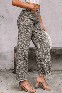 Jean taille haute femme motif léopard marron, jambes larges, détail surpiqûre