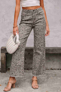 Jean taille haute femme motif léopard marron, jambes larges, bords effilochés