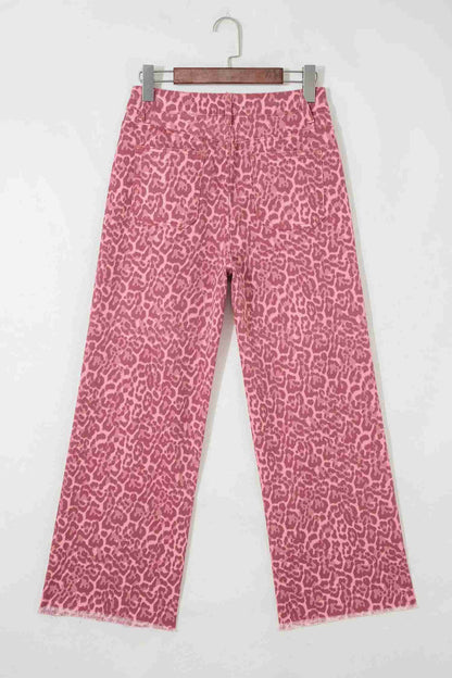 Jean Léopard Rose Jambe Large Taille Haute Bords Effilochés Femme by Dear-Lover Dropshipping