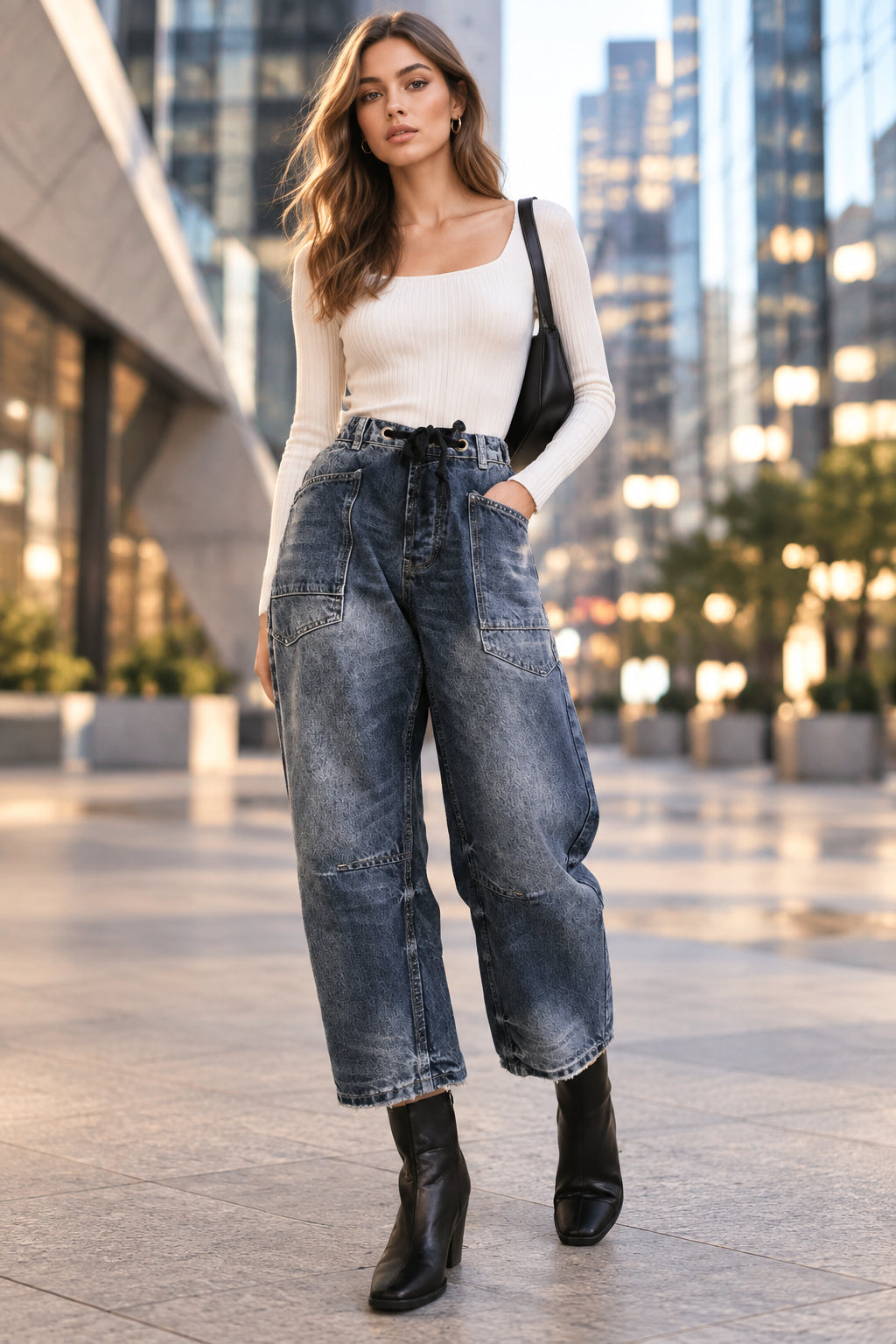 Jean large court femme à taille élastique et cordon – vue 14