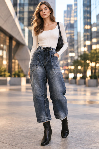 Jean large court femme à taille élastique et cordon – vue 14