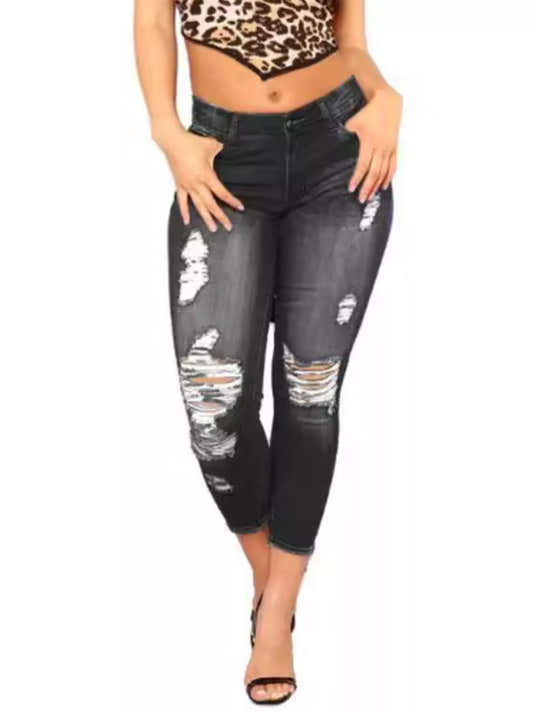 Jean moulant femme en denim délavé à effet usé – vue 1