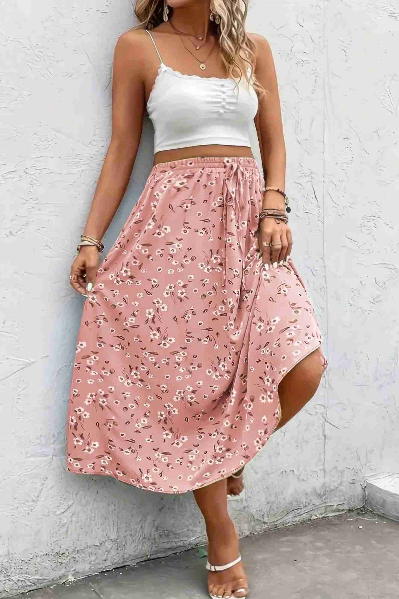 Jupe Grandes Tailles Imprimé Floral Cordon Taille Fluide Oléna-Fashion