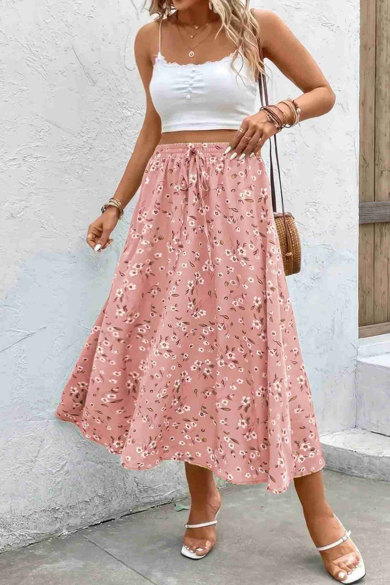 Jupe Grandes Tailles Imprimé Floral Cordon Taille Fluide Oléna-Fashion