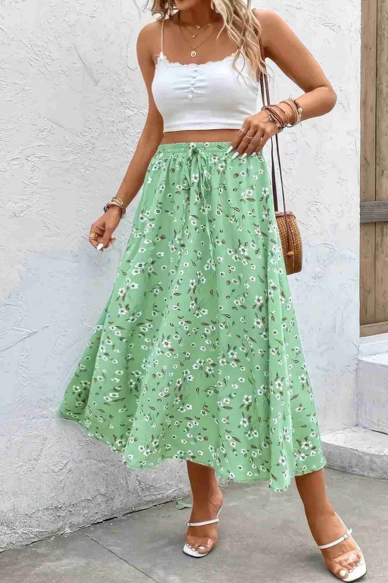 Jupe Grandes Tailles Imprimé Floral Cordon Taille Fluide Oléna-Fashion