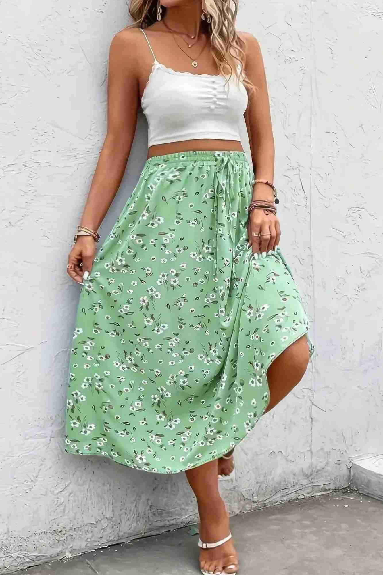 Jupe Grandes Tailles Imprimé Floral Cordon Taille Fluide Oléna-Fashion