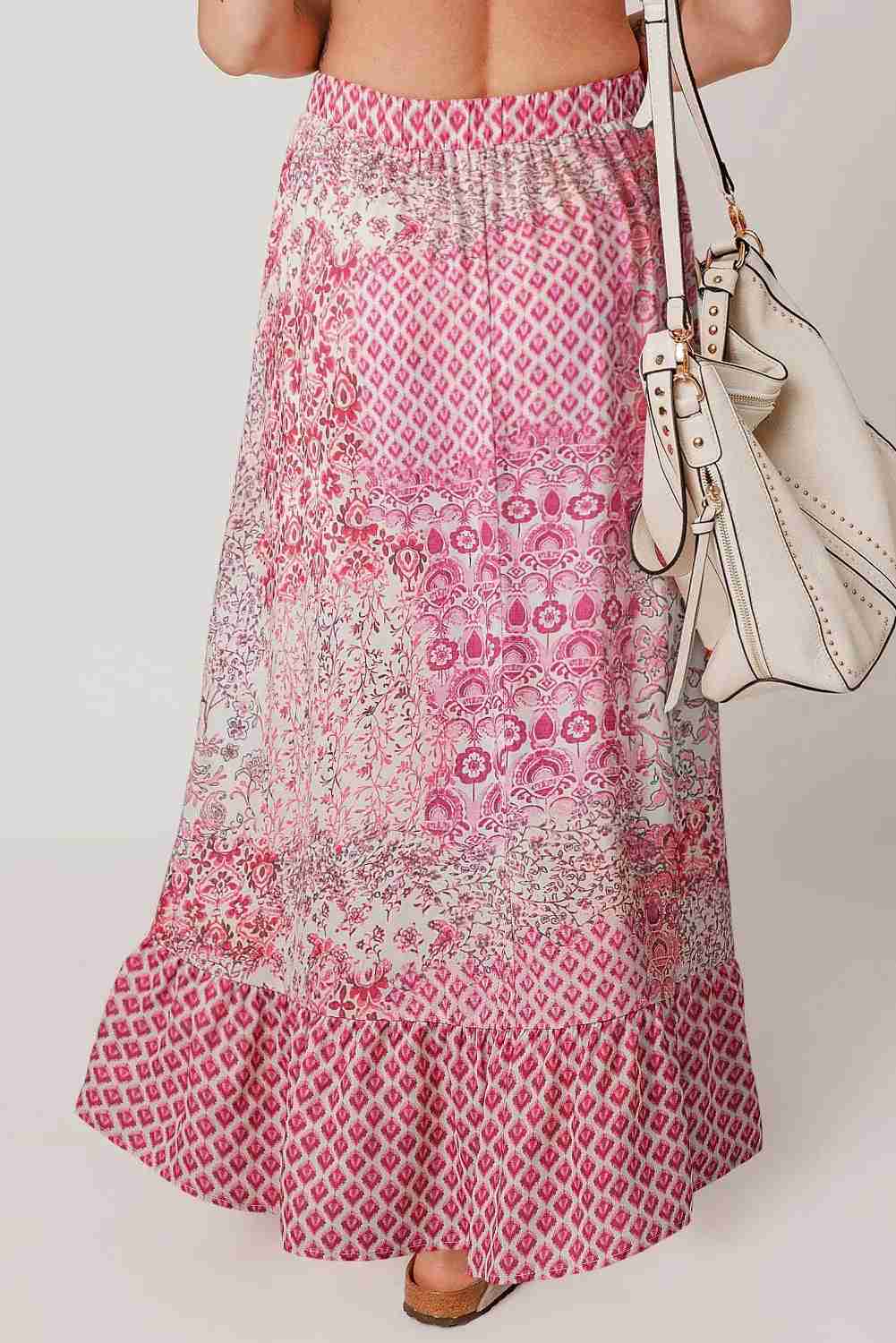 Jupe longue bohème rouge rosé à motifs, taille élastique, ourlet évasé