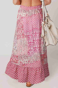Jupe longue bohème rouge rosé à motifs, taille élastique, ourlet évasé