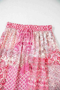 Jupe longue bohème rouge rosé, taille élastique froncée et motifs cachemire