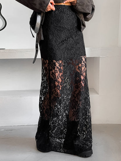 Jupe longue en dentelle noire pour femme – vue 1