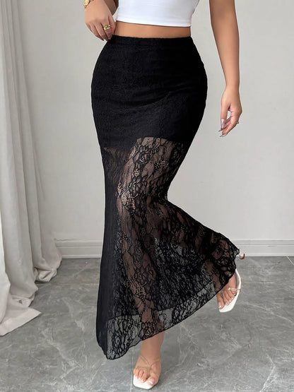 Jupe maxi en dentelle fendue noire pour femme – vue 2