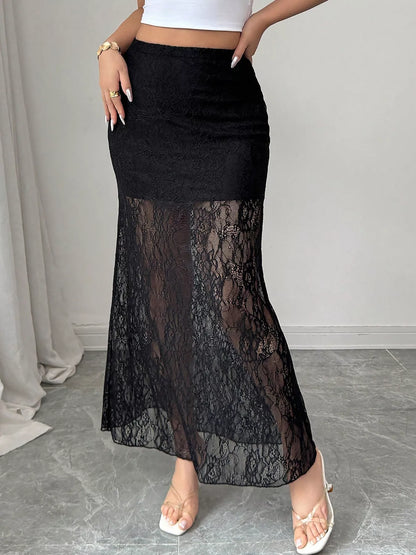 Jupe maxi en dentelle fendue noire pour femme – vue 3