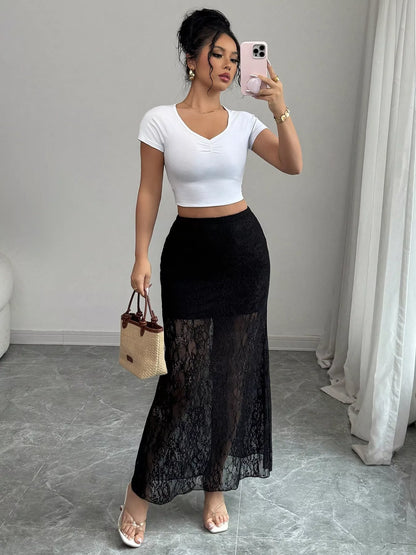 Jupe maxi en dentelle fendue noire pour femme – vue 5